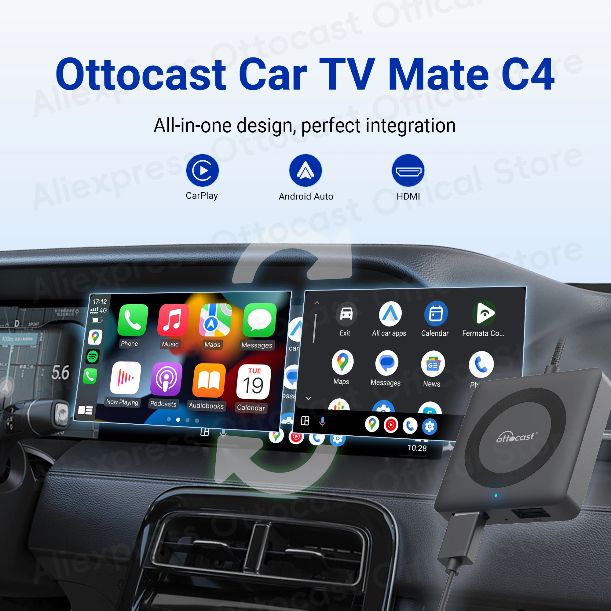 OTTOCAST adaptor mobil TV Mate C4, nirkabel Android Auto CarPlay mendukung untuk input HDMI konverter Video untuk stik TV konsol Game