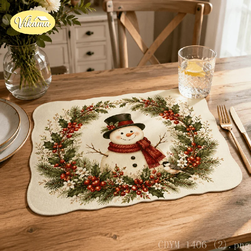 VIKAMA Christmas Placemat Vintage Snowman Holly Print, Waterproof Oil-Proof Heat-Resistant Holiday Table Mat for Home
