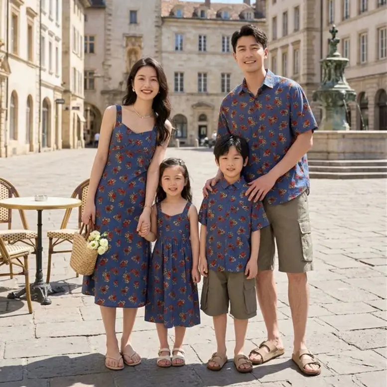 Summer French Retro Floral Family Matching Outfits Mom Daughter Floral Dress Dad Son Shirt Vacation Family Look for 3-4 People