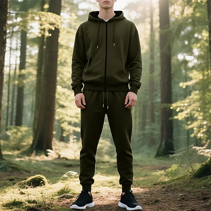 مجموعة سراويل رياضية للرجال من الصوف الثقيل للخريف والشتاء برباط وغطاء للرأس وسحاب وغطاء للرأس #5