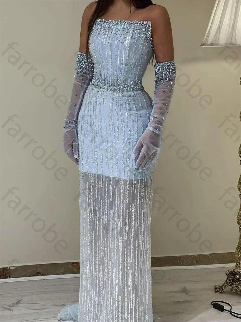 Robe de Soirée de Forme Sirène pour Femme Arabe, Tenue Élégante et Personnalisée, Sans Bretelles, avec Perles Bleu Clair, de Luxe, Dubaï, pour ixde Mariage