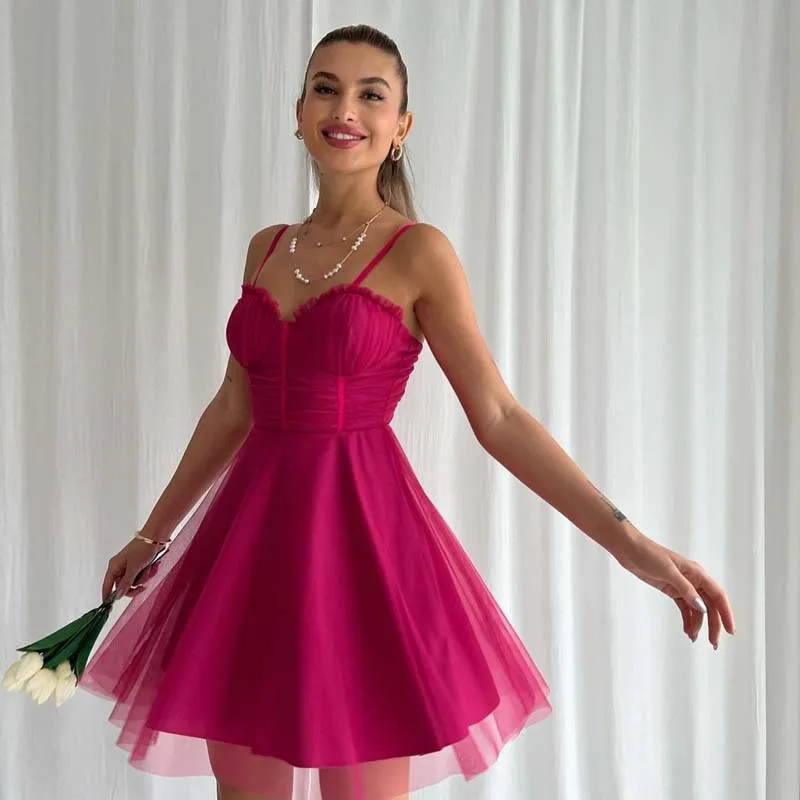 Simples em camadas tule mini vestido de noite querida cintas de espaguete zíper elegante vestido de baile festa vestidos gala 2022