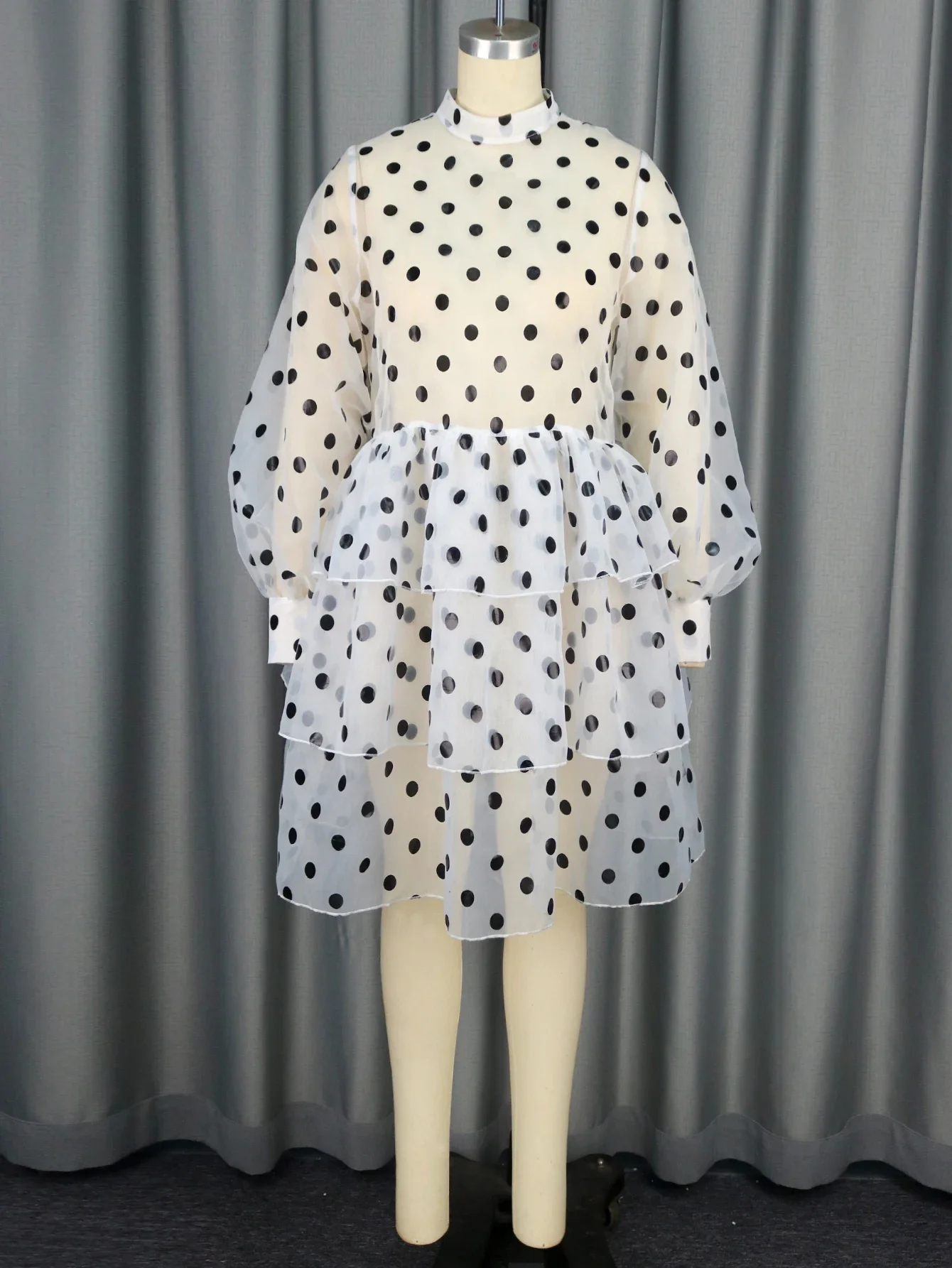 Kobiety Polka Dot See Through White A Line Dresses Mock Neck Long Sleeve Empire Layered Cake Dresses Evening Party Gowns Plus Size