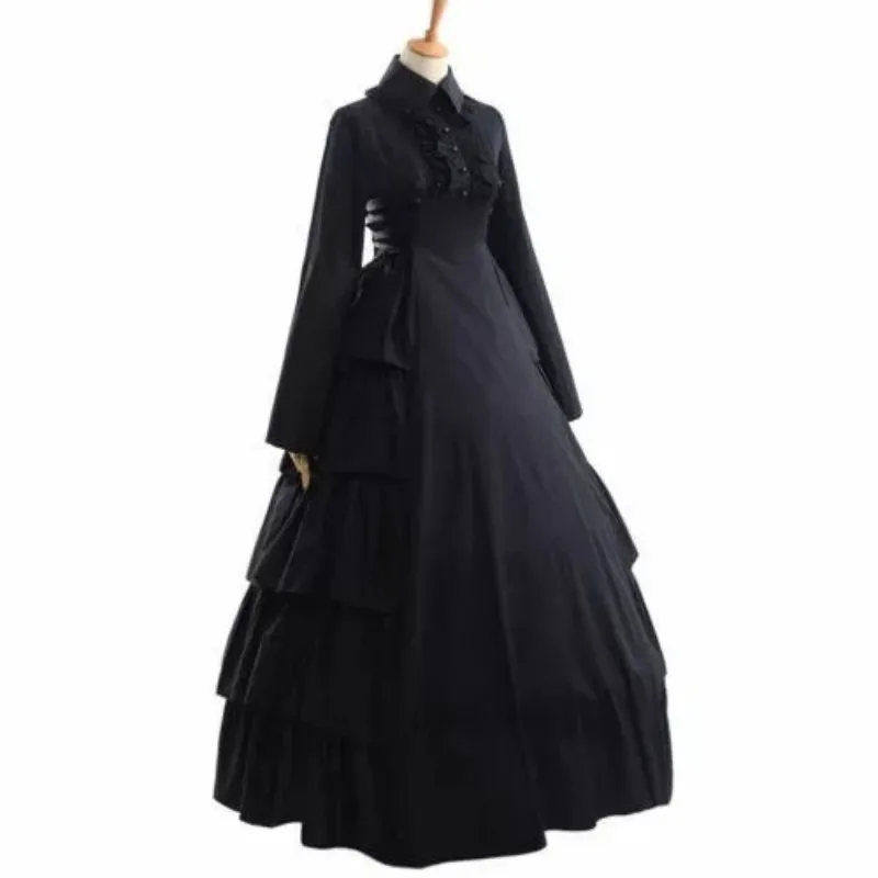 Vintage Victorian Gothic Black Ball Gown Flounces Party Cosplay Costume Dress