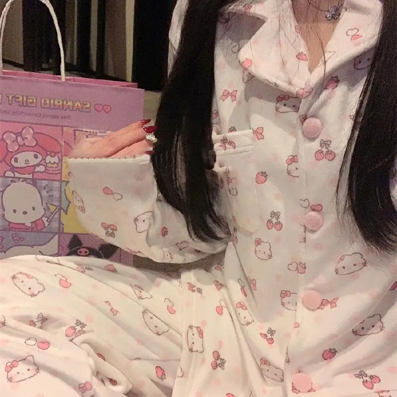 Hello Kitty Pajamas Sanrio Home Clothing Girl Kawaii Autumn Winter Keep Warm Set Soft Comfortable 2Pcs New Cartoon Long Sleeves