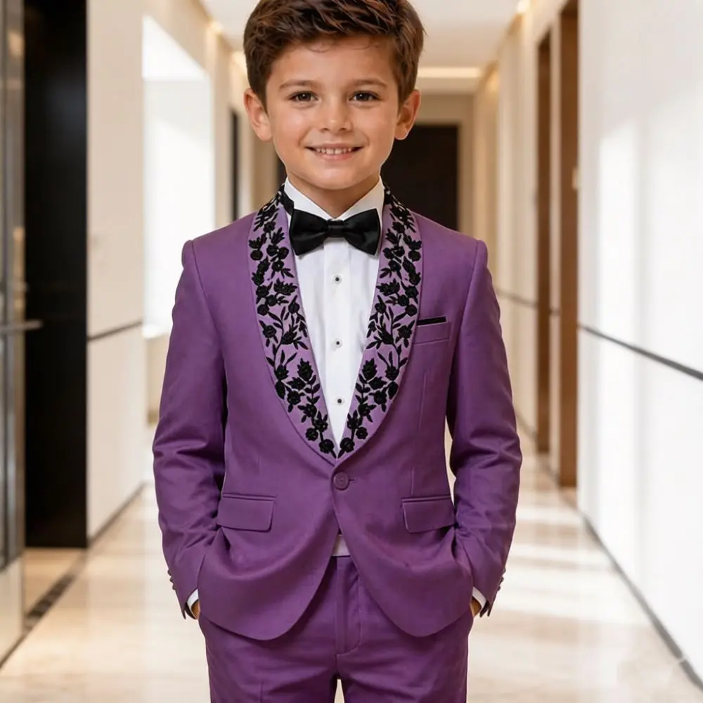 Boys White 2 Pieces Tuxedo Suit Set Floral Embroidered Jacket Pants Premium Fabric Black Embroidery Wedding Guest Prom Party