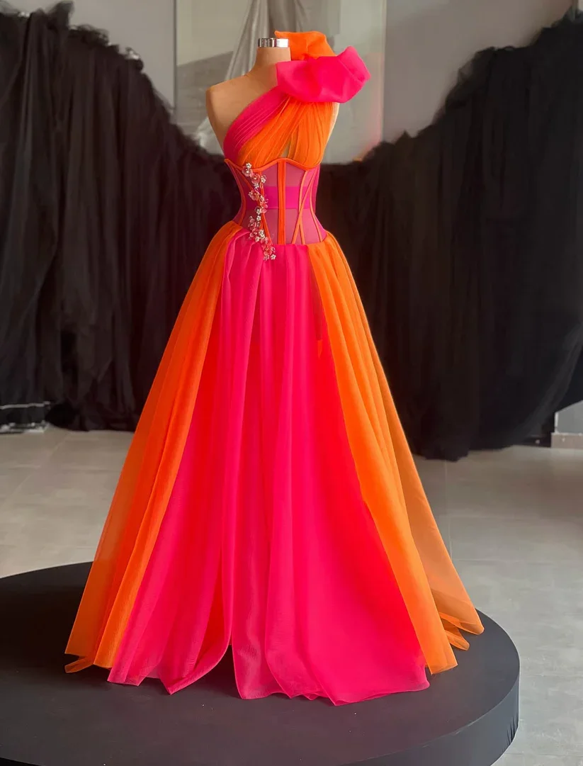 Orange Prom Dresses One-shoulder Tulle Beaded Saudi Arabia Dubai Robe De Soiree Evening Dress Gown Haute Couture Customized