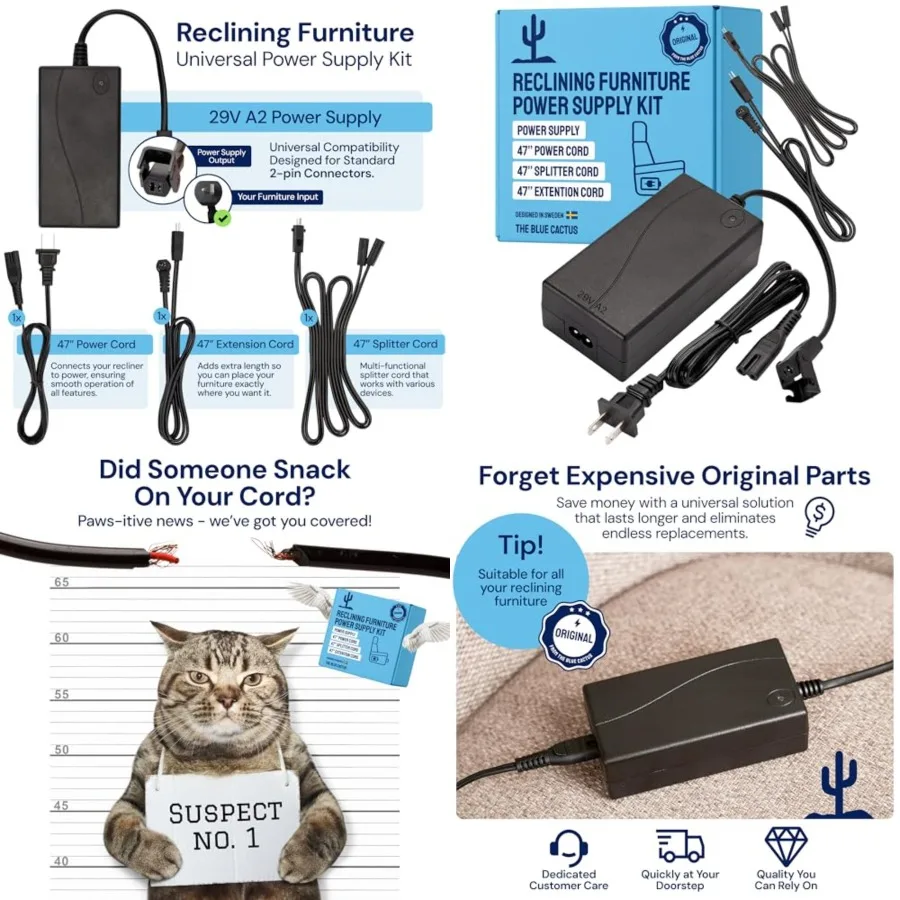 

Reclining Furniture - 2-Pin Furniture Connector,,47" Extension, Splitter and Power Cord - Replacement Kit for Recliner Chair Ou