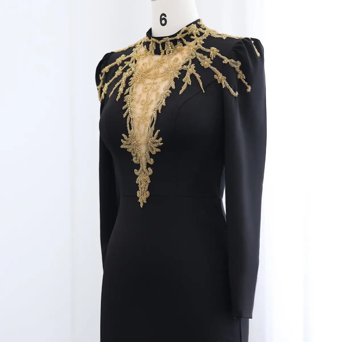 Jancember Elegant High Neck Long Sleeves Arabic Black Evening Dresses Gold Beaded Muslim Dubai Women Formal Party Gowns LSZ217