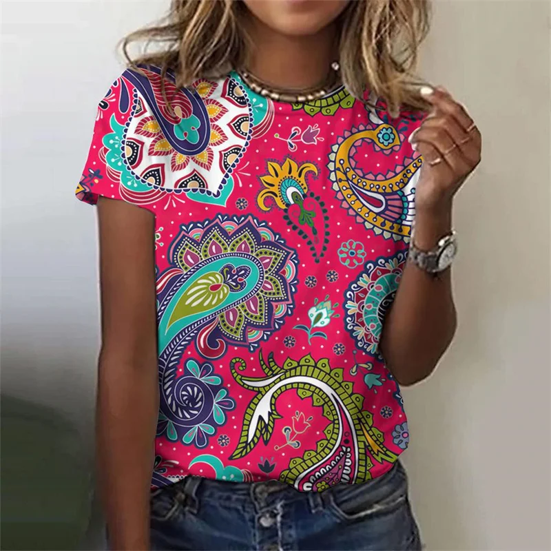 Camiseta feminina estampada com flores polinésias 3D, gola redonda, manga curta, camiseta feminina bonita, moda verão, rua, novo