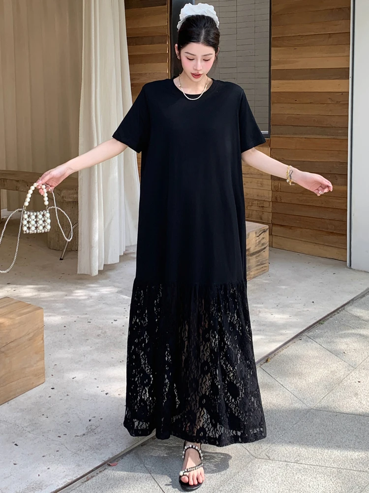 NYFS 2025 الكورية نمط المرأة فستان صيفي فضفاض حجم كبير كم قصير المرقعة هيم الدانتيل فستان طويل رداء Elbise