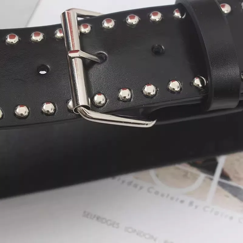 ผู้หญิงรันเวย์แฟชั่นของแท้หนัง Rivet Punk Cummerbunds หญิงชุดรัดตัวเข็มขัดตกแต่งเข็มขัดกว้าง R2671