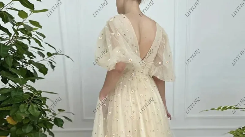 LIYYLHQ Fairy Light Yellow Tulle Midi Prom Dresses Half Puff Sleeves Embroidered Lace Evening Gowns Ankle Length Party Dress Hot