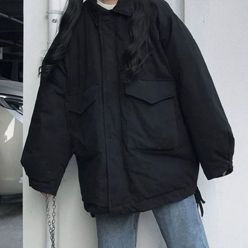 Doudoune noire pour femme, Parka ample, manteau à pain rembourré en coton, fermeture éclair Y2K, vêtements d'extérieur décontractés pour étudiantes, nouvelle collection 2025