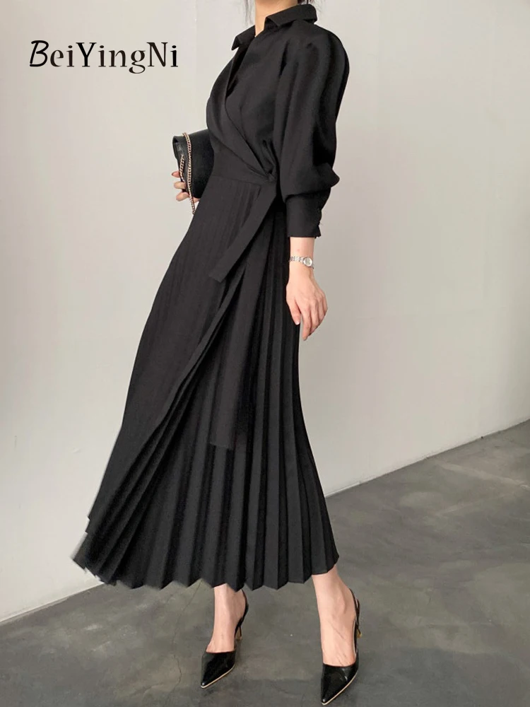 Beiyingni Elegant Stylish Women Puff Sleeve Pleated Long Dress Turndown Collar Spring Autumn Office Ladeis Dress Black Vestidos