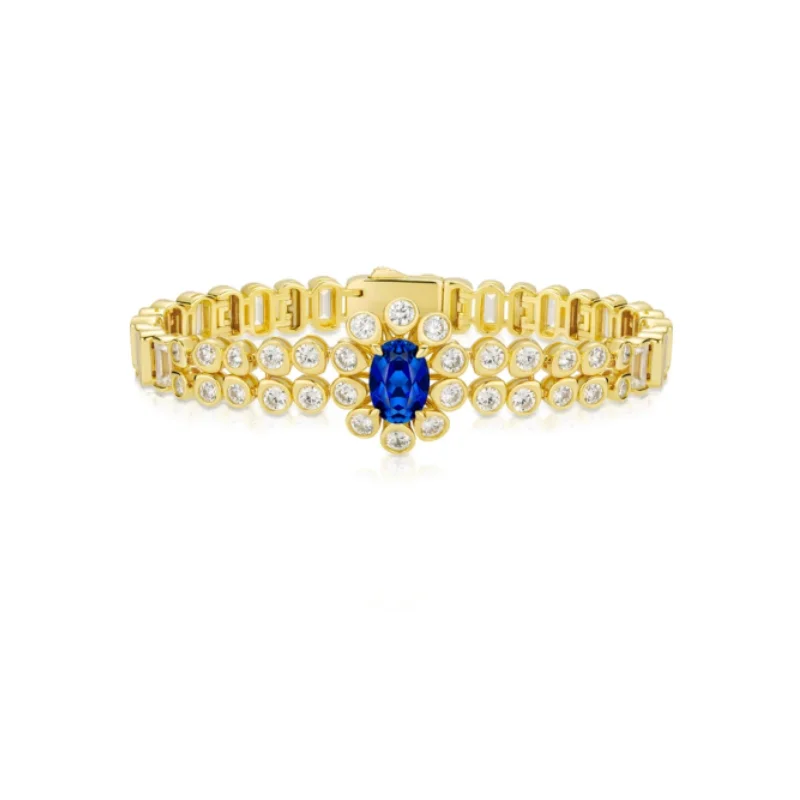 

BELLUX 925 Silver Synthetic Zircon Bracelet Sunflower Royal Blue Pigeon Egg Sapphire Gold Fashion Bracelet