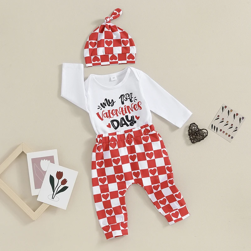 Valentinstag-Outfit-Set für Babys, Mädchen, rosa, kurzärmelig, Herzdruck, Strampler, weißer Rock, Stirnband-Sets