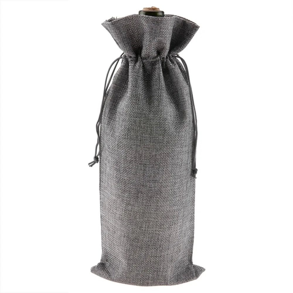 12pcs Reusable Drawstring Closure Linen Fabric Wine Bag Grey Linen Burlap Wine Bag Wine Bottle Gift Bag Wedding Favors