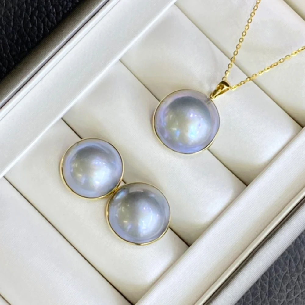 

Blue Grey Real Seawater Mabe Pearl Pendant and Earrings Jewelry Set Birthday Gift with 14-15mm Mabe Pearls and 18K Gold Setting
