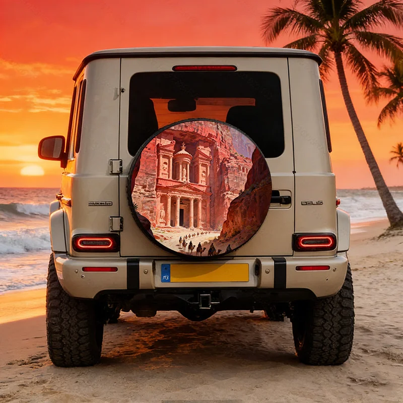 Petra Style Red Sandstone Texture Polyester Car Tire Cover | Protects Spare Tire, Dust-Proof Outdoor Decoration