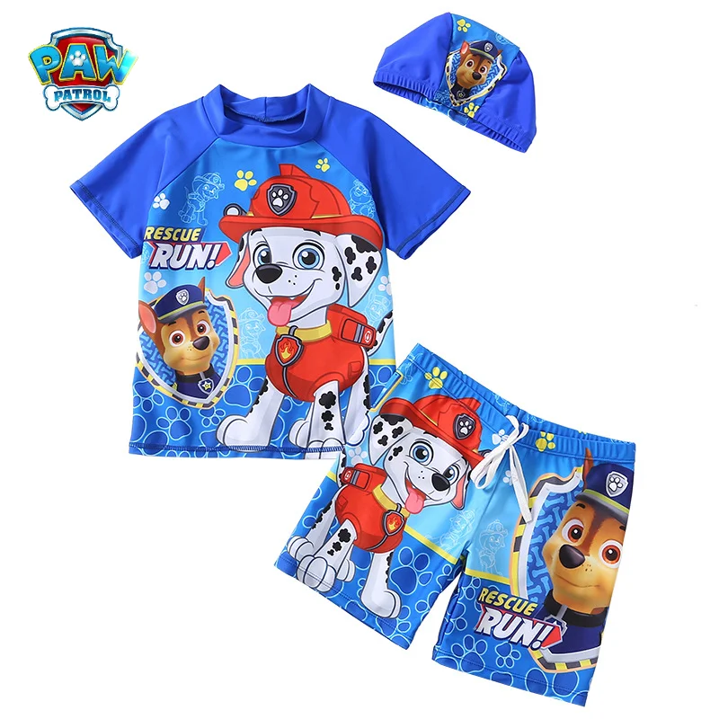 Paw Patrol stroje kąpielowe spodnie zestaw czapek Cartoon Chase Marshall chłopiec strój kąpielowy letnie spodenki Top kąpielówki dla dzieci urodziny