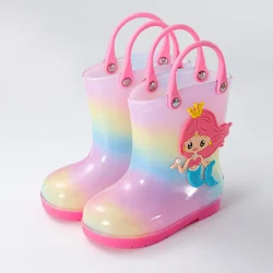 Disney Children's rain shoes Baby girls kindergarten non-slip princess water boots plus fleece children cute rainbow water shoes