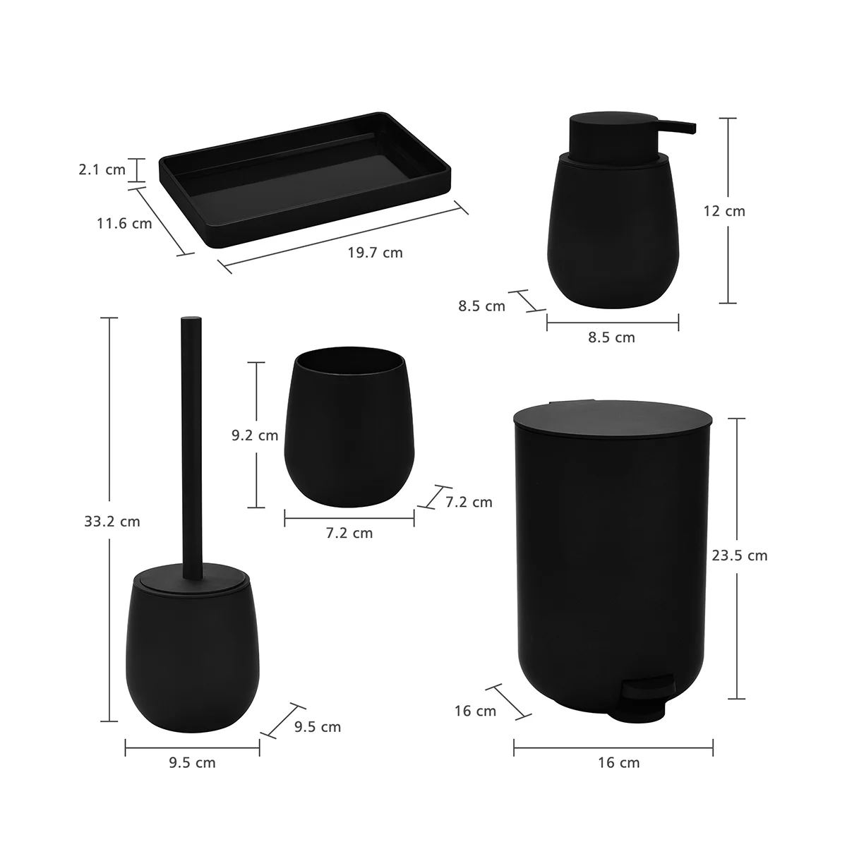 Bathroom Set Small Trash Can, Toothbrush Holder, Soap Dispenser, Dressing Table, Toilet Brush and Holder (Black)