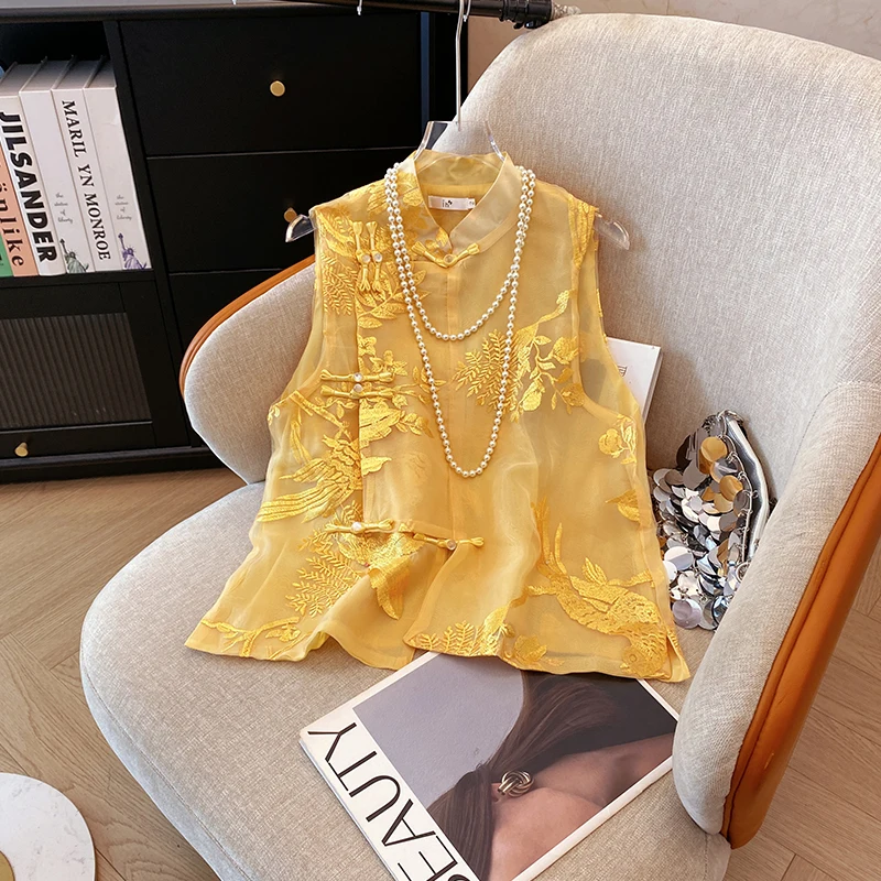 Vintage Vest Shirt New Chinese Style Embroidered Stand Collar Organza Vest Spring and Summer Temperament Women's Clothing