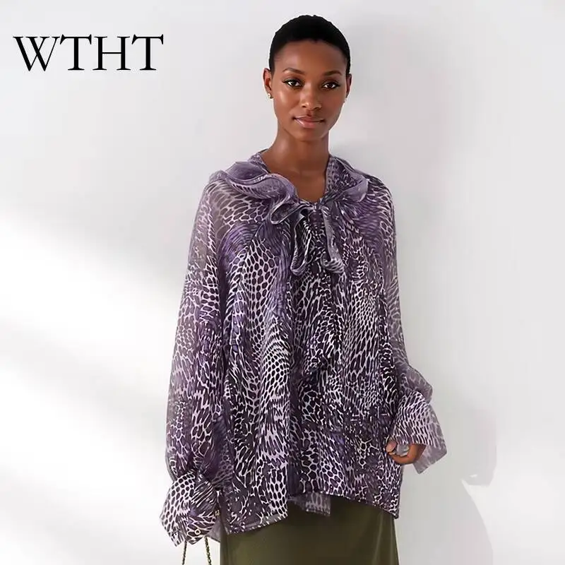

WTHT Vintage Women's Polka Dot Print Ruffled Edge Shirt Elegant 2026 Summer Long-sleeves Loose Chiffon Blouse Female 1LS3116