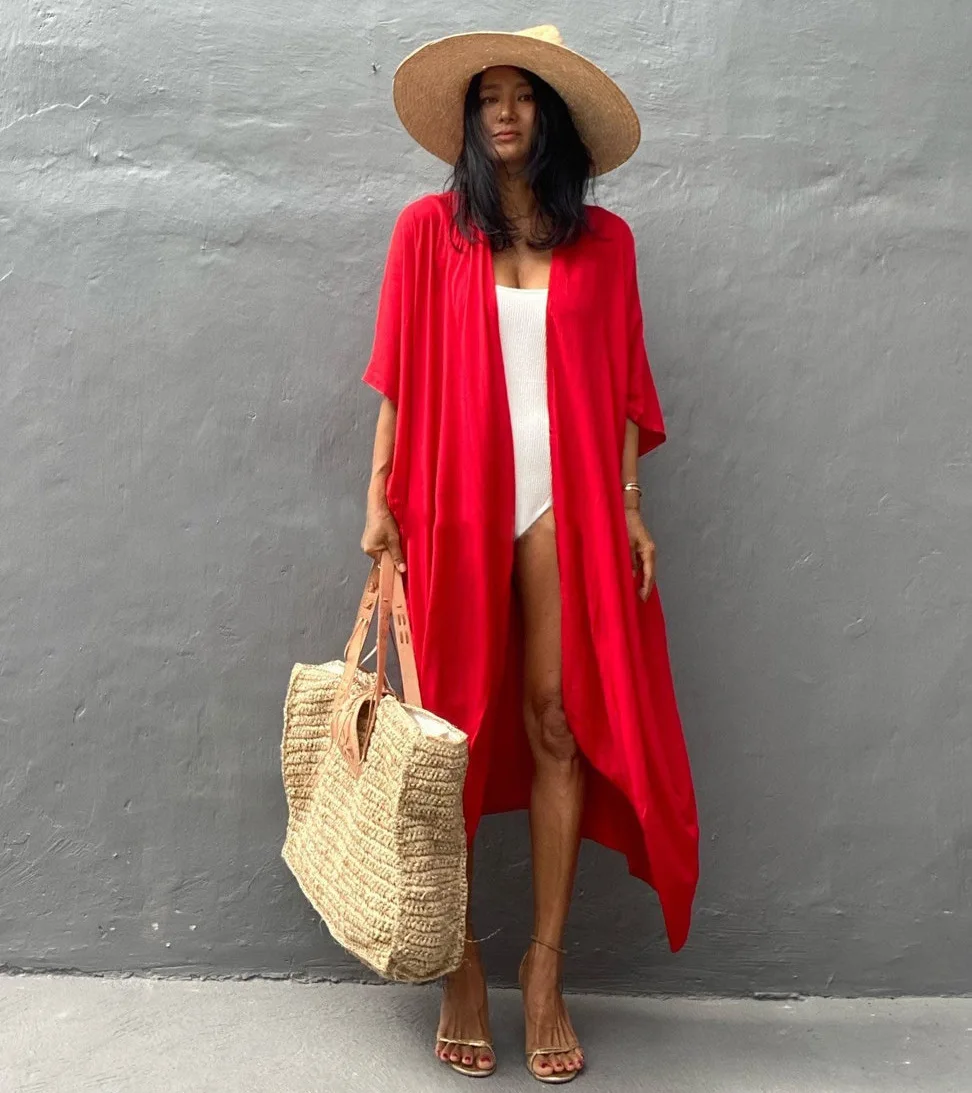 Women's Beach Cover Ups Open Front Tie Dye Maxi Cardigan Kimono Swimsuit with Belts