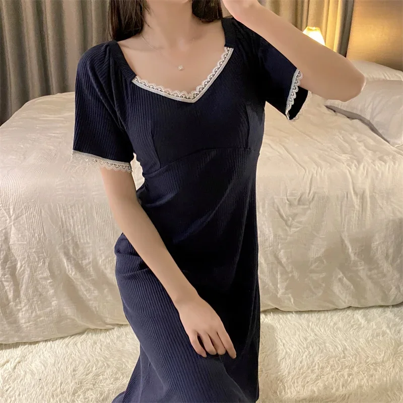 2024 Summer Short Sleeve 100% Cotton Nightgowns for Women Korean Cute Lace Sleepwear Homewear Nightdress Night Dress Home Nighty