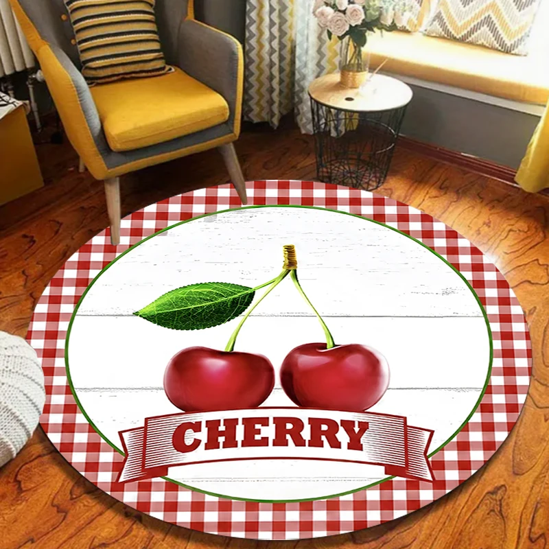 

Винтажный круглый ковер с вишневым узором, красно-белый клетчатый коврик с вишнями, мягкий нескользящий коврик в деревенском стиле для декора гостиной