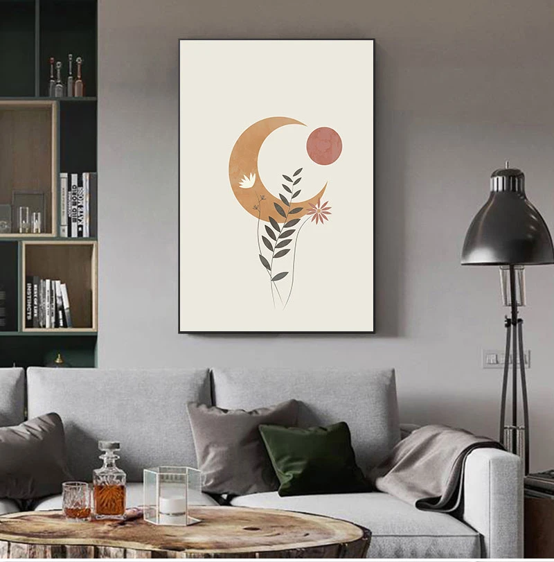 Abstract Moon Sun Canvas Poster Paintings Burnt Orange Boho Art Prints Minimalist Flowers Wall Art Pictures Bedroom Home Decor