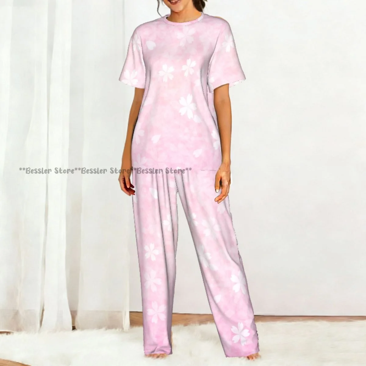Women's Pink Japanese Cherry short sleeve trousers casual pajamas set view 5