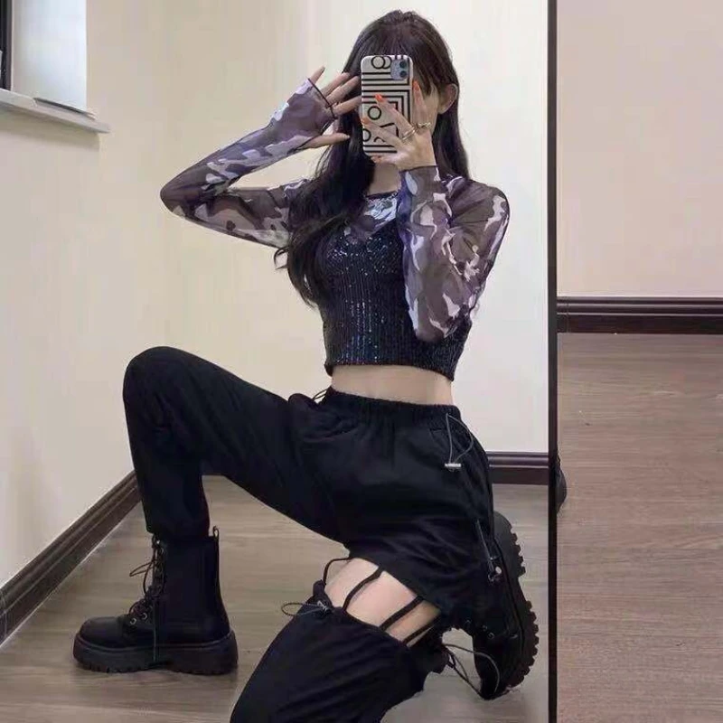 Kpop Korean Singer Concert Sexy Black Sequin Sling Vest Long Sleeve Perspective T-shirts Hollow Out Straight Pants Woemn Outfits