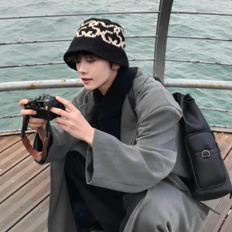 Ins Hand-woven Crochet Jacquard Bucket Hats Men Women Autumn Winter Travel Fashion Street Snap Korean Casual Cold Beaies Caps