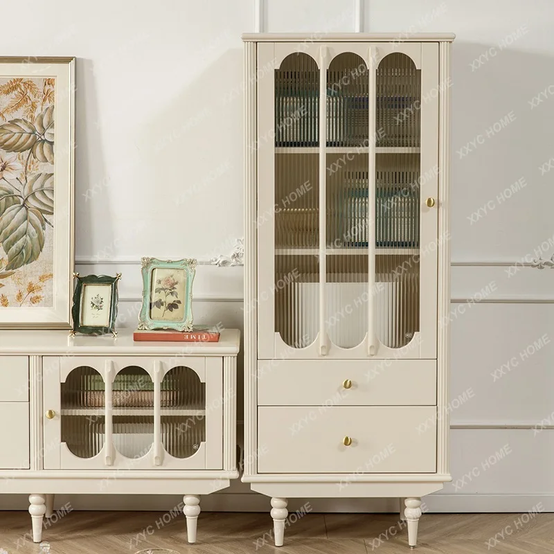 Cream Wind Single Door Wine Cabi All Solid Wood Small Bookcase TV Cabin Side Cabine Glass  Standing