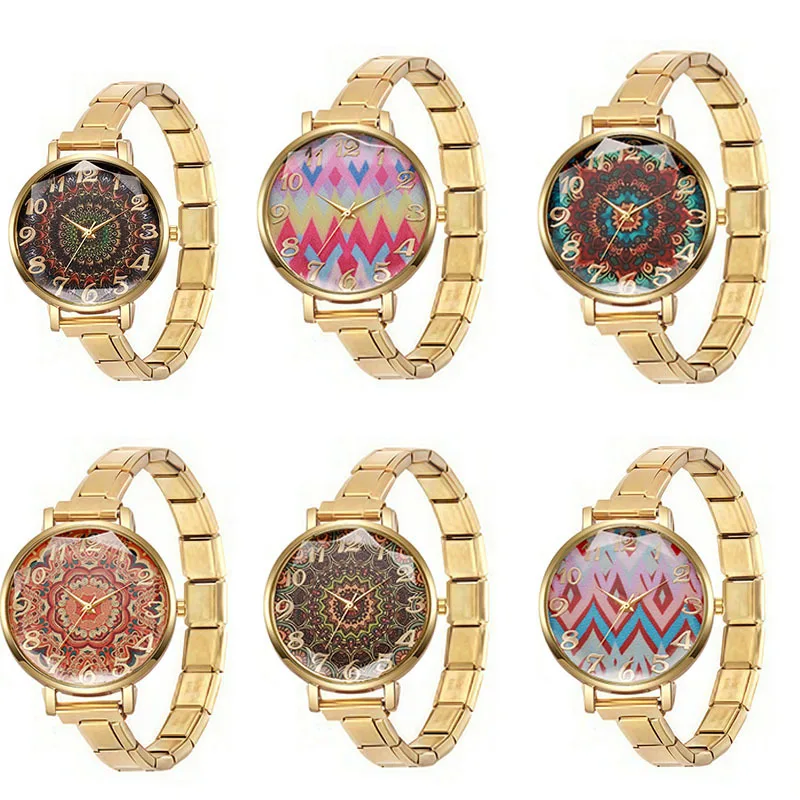 Bohemian Mandala Print Italian Charm Watch Gold Stainless Steel Modular Band Colorful Geometric Dial Ins Fashion Student Ladies