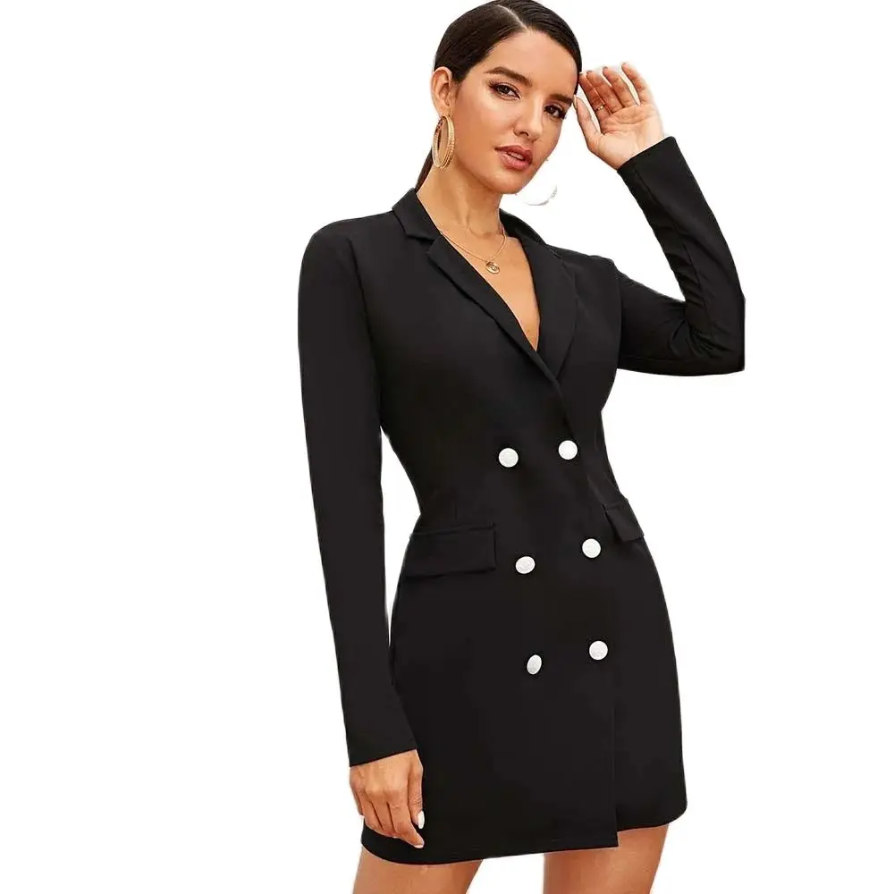 Sexy Black Women's Blazer Double Breasted Notch Lapel Above Knee Long Jacket One Piece Slim Fit Formal Work Office Dress Suits