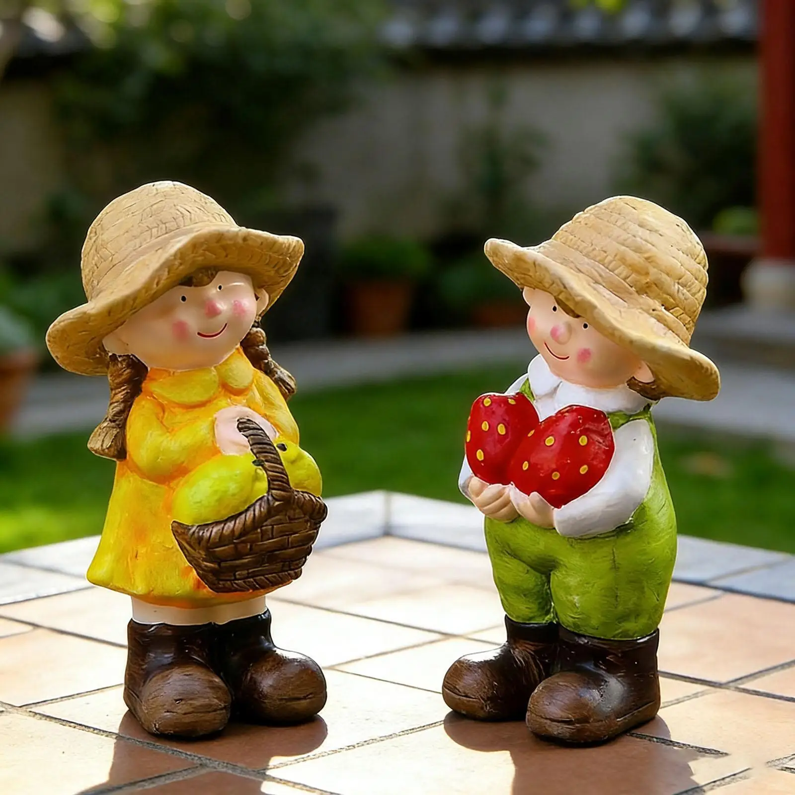 2 Pieces Decorative Figurines Boy Girl Garden Statues Ceramic Cute Lawn Ornaments for Lawn Office Patio Table Birthday Gift