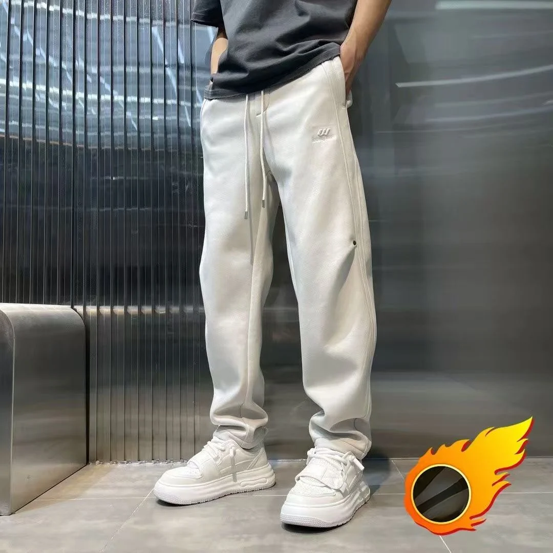 

Autumn Winter New Plus Fleece Thicken Straight Pants Men Solid All-match Korean Trendyol Loose Motion Casual Wide Leg Sweatpants