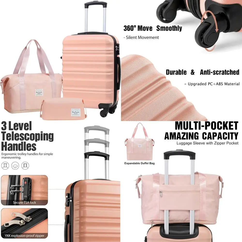 

long vacation carry on luggage sets 3 piece 20 inch suitcase set, abs+pc hardshell lightweight travel luggage with spinner wheel
