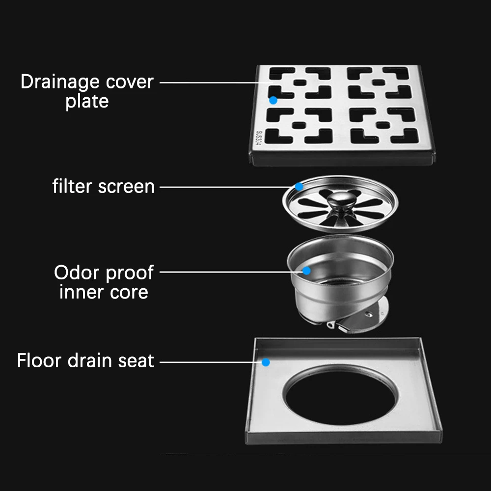 Drain de déchets de sol en acier inoxydable, forme carrée, cuisine et balcon, 10 cm, 12 cm, 15 cm, 20 cm, 30cm