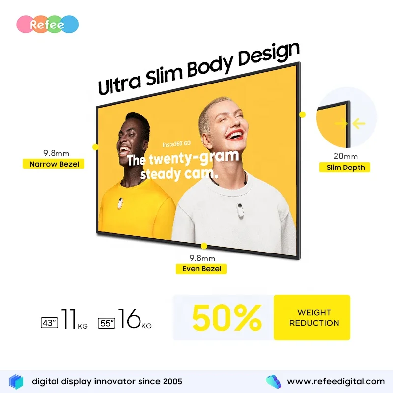 شاشة عرض إعلانات LCD مثبتة على الحائط تعمل بنظام أندرويد لوحة لافتات رقمية رفيعة ومتجر بيع بالتجزئة ومركز تسوق 43 بوصة 55 بوصة 65 بوصة