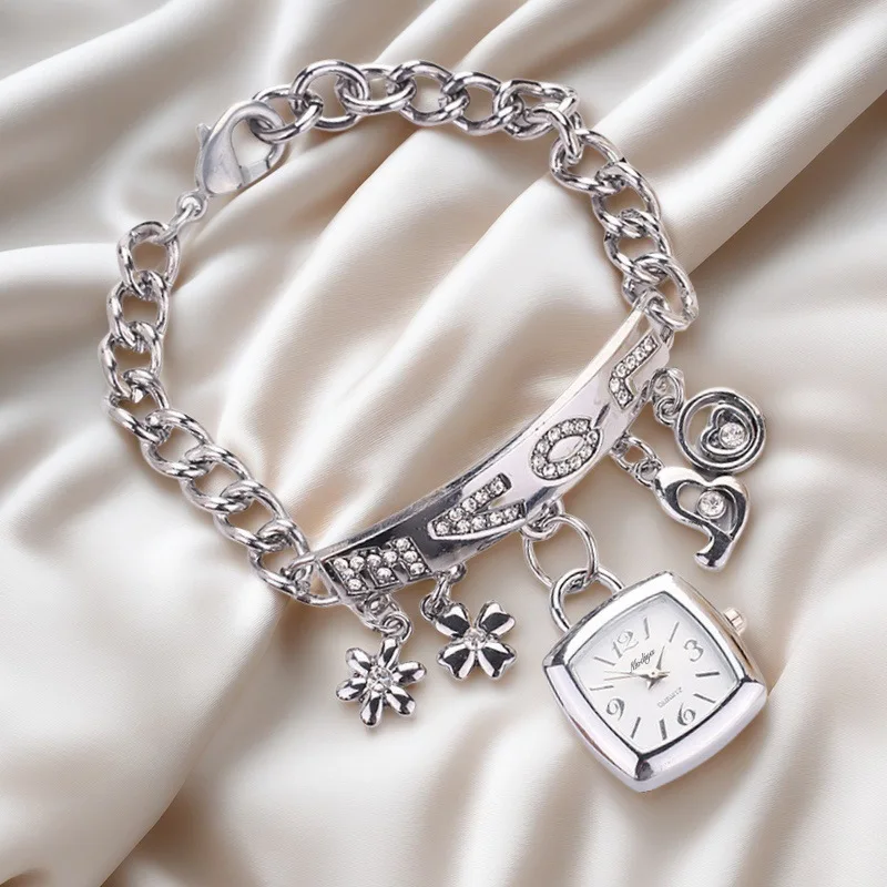 

Винтажные серебряные женские часы с буквами, инкрустированные стразами, браслет-цепочка, подвеска с цветком, наручные часы, женский подарок