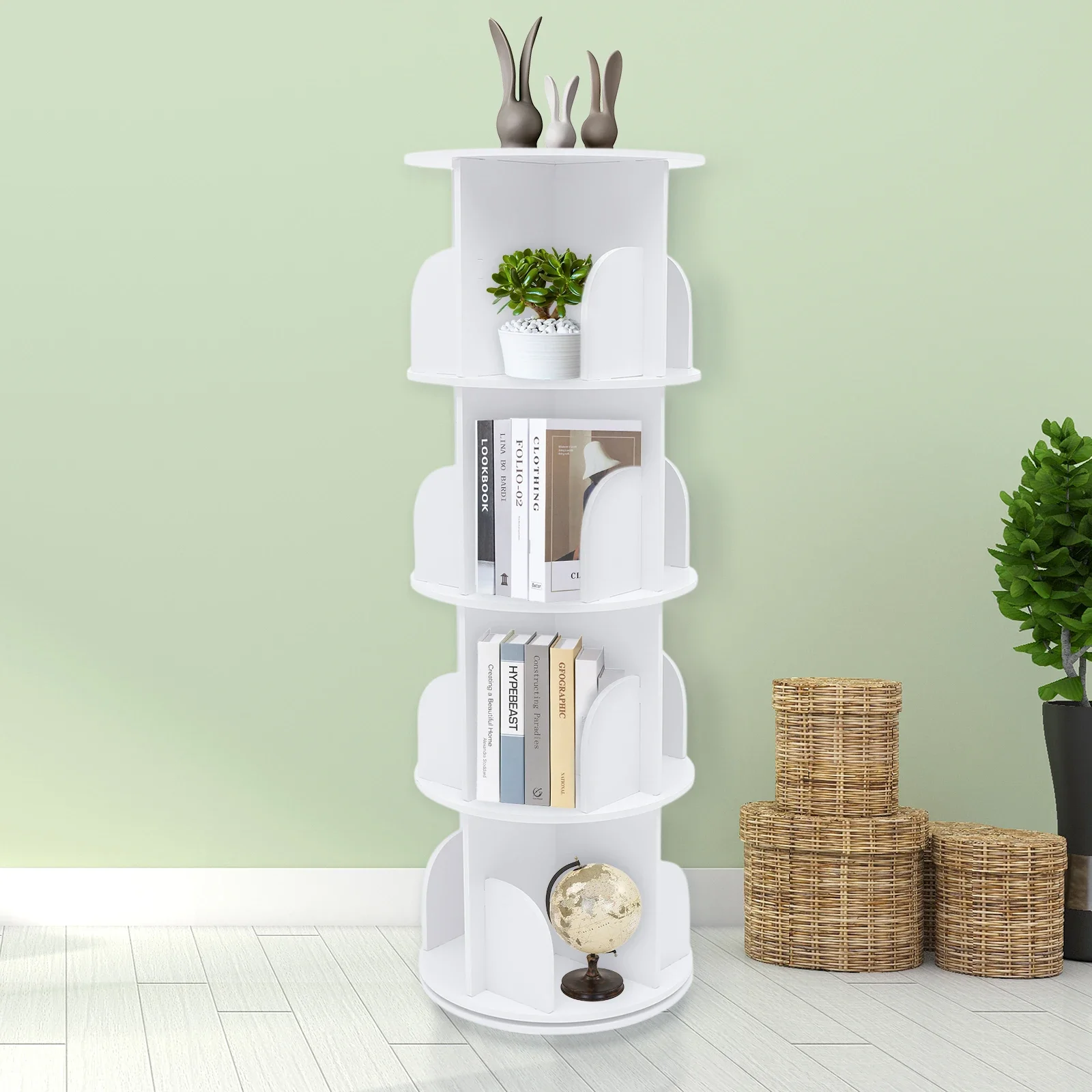 Durable Rotating Bookcase with Steel Column Bearing, 360° Silent Rotation, Tool-Free Mortise and Tenon Installation