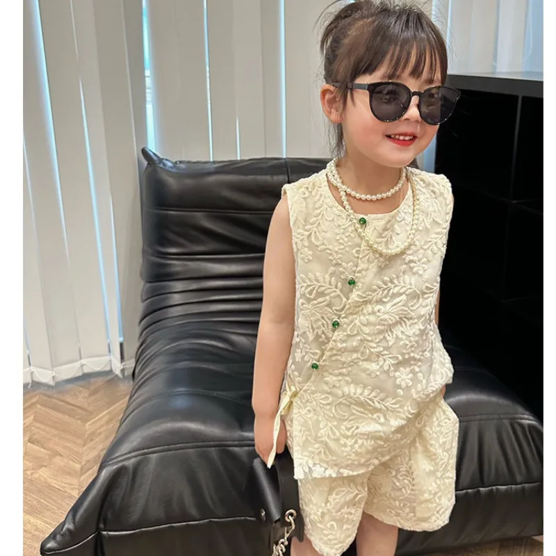 

Girls Clothes Set 2024 Summer Beige Elegant Embroidered Lace Sleeveless Tops Shorts Two-piece Children Holiday Boutique Outfits