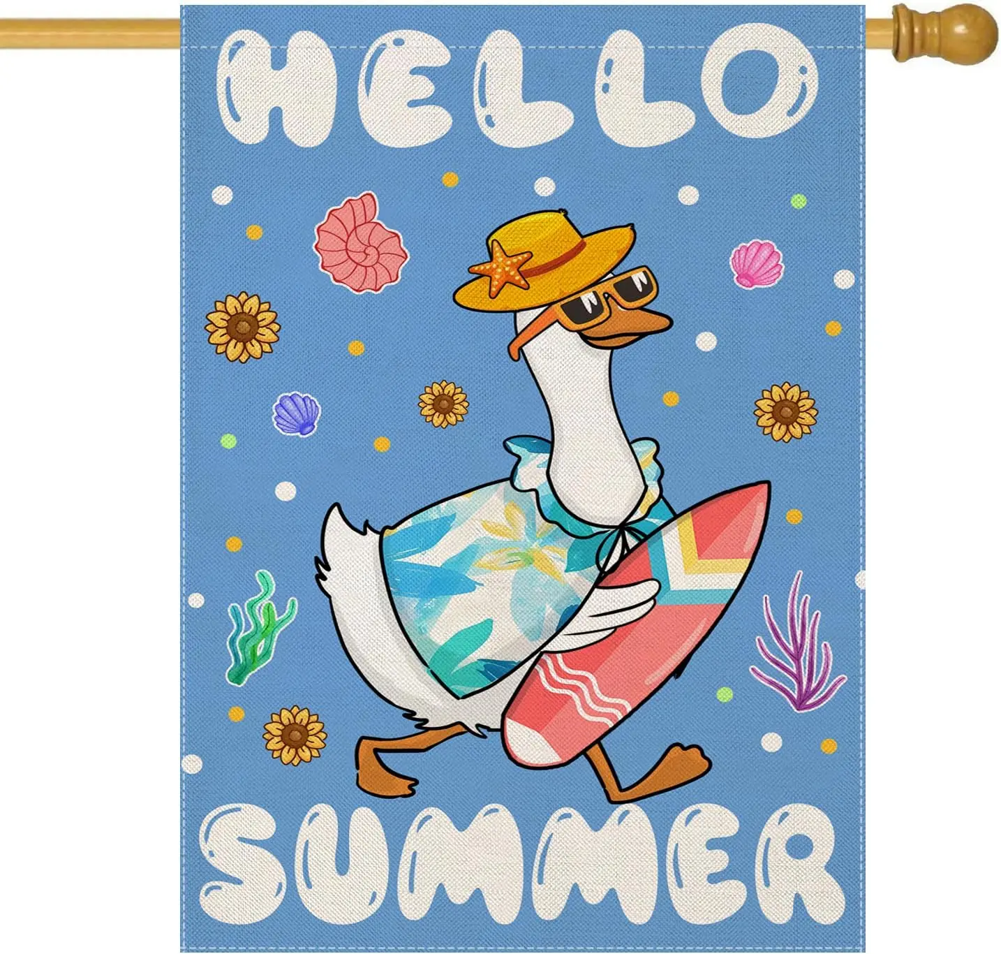 Hello Summer House Flags for Outdoor Decoration, Funny Goose with Surfboard Large Yard Flag, Seasonal Decorative Celebration yyi