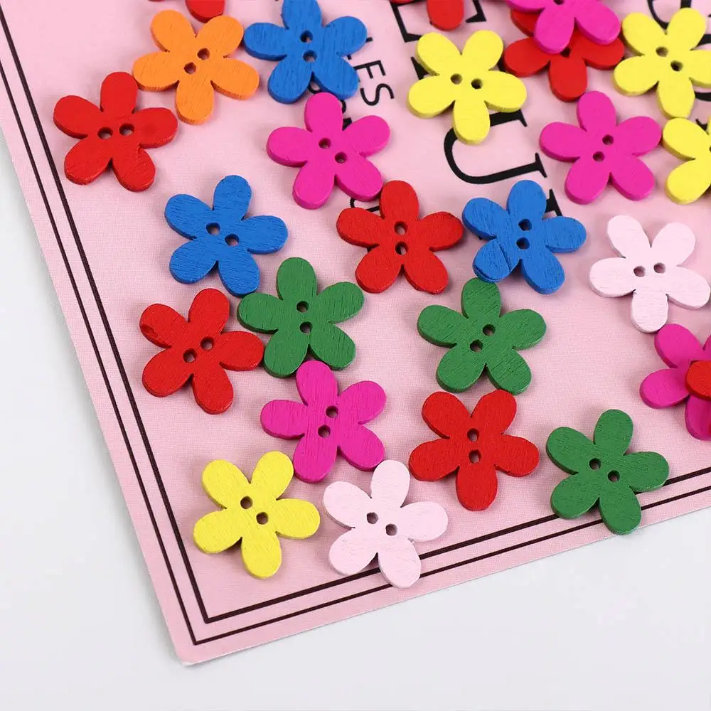 100pcs DIY Flower Shaped Flower Wooden Button 2 Holes Flat-back Clothing Button Cute Colorful Sewing Button Clothing Sewing