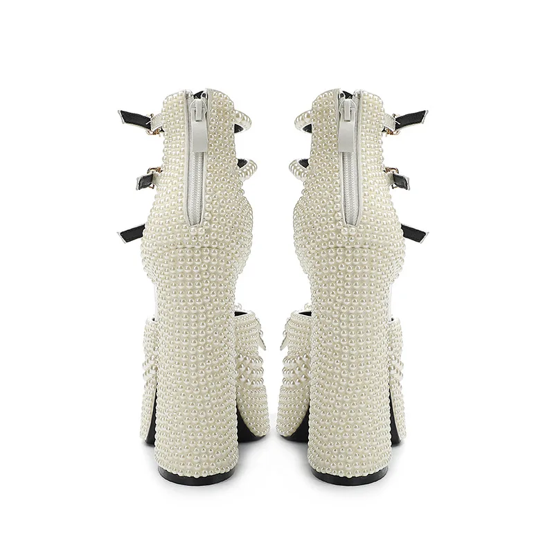 Wedding Women Pumps Spring Autumn PU 13CM Thick High Heels Pointed Toe Shallow Slip-On Rhinestone Bowknot Shoes for Women White